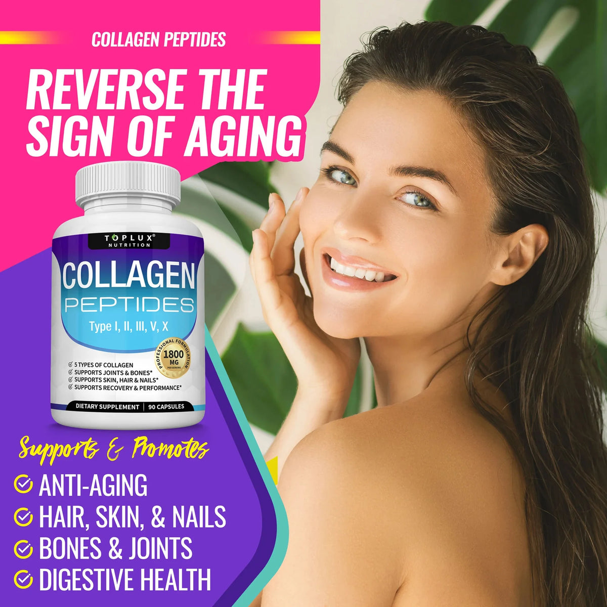 Collagen Peptides 1800mg - Hair & Skin Health, Anti-Aging - Types I,II,III,V,X, Joint and Bone Health