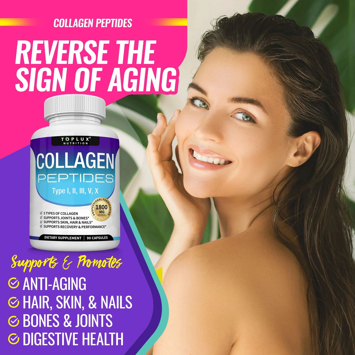 Collagen Peptides 1800mg - Hair & Skin Health, Anti-Aging - Types I,II,III,V,X, Joint and Bone Health