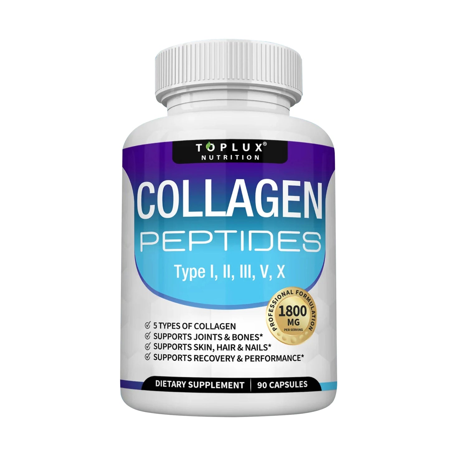 Collagen Peptides 1800mg - Hair & Skin Health, Anti-Aging - Types I,II,III,V,X, Joint and Bone Health