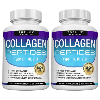 Collagen Peptides 1800mg - Hair & Skin Health, Anti-Aging - Types I,II,III,V,X, Joint and Bone Health