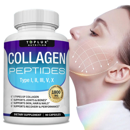Collagen Peptides 1800mg - Hair & Skin Health, Anti-Aging - Types I,II,III,V,X, Joint and Bone Health